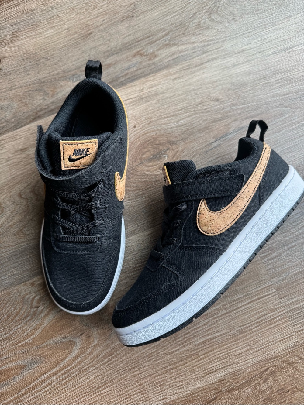 Nike Kids Black Sneakers with Tan Cork Swoosh